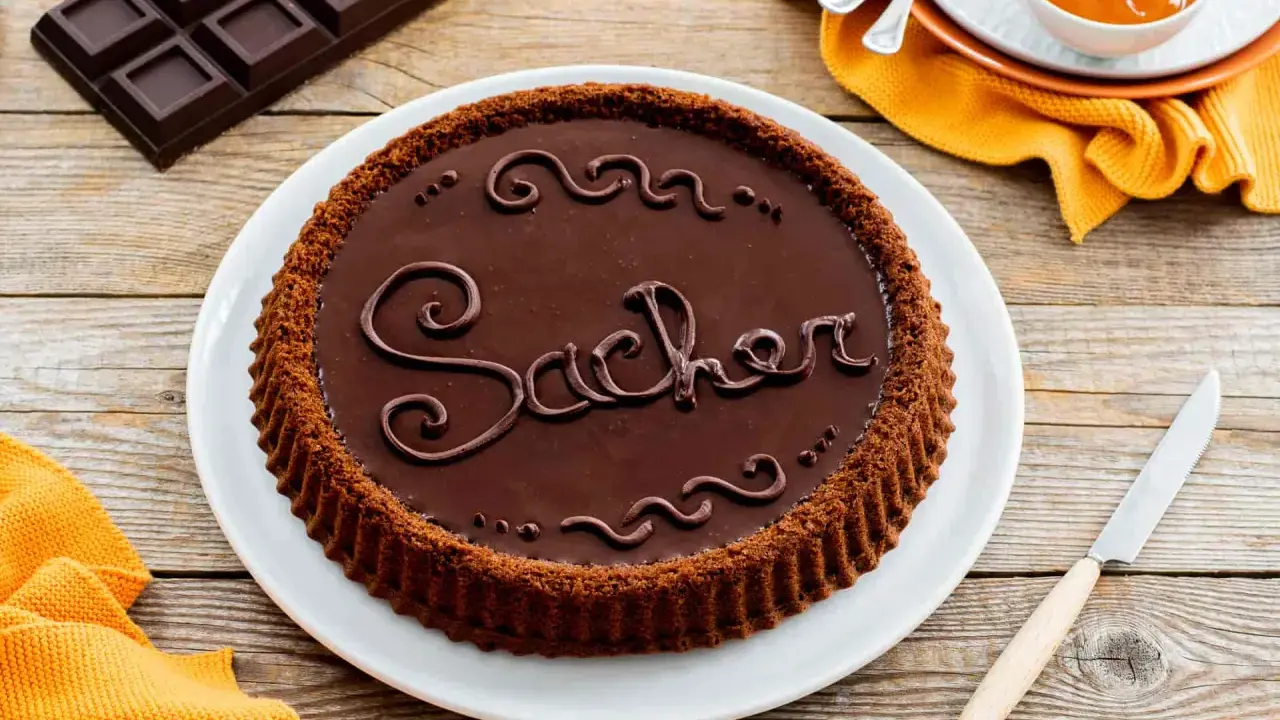 Una crostata morbida al cioccolato, decorata con la scritta "Sacher" in glassa, pronta per essere gustata.