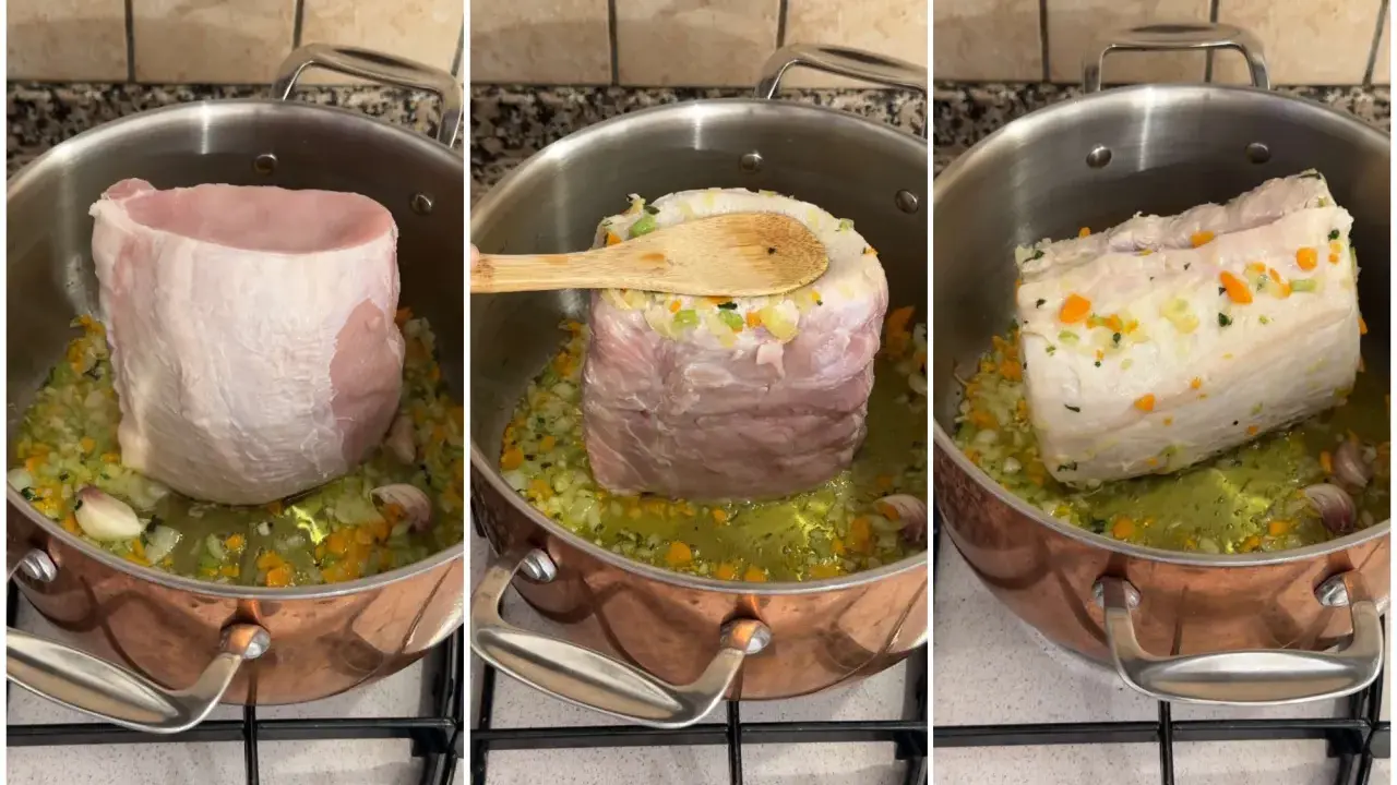 Triptych of pork loin being seared in a copper pot with vegetables and garlic.
