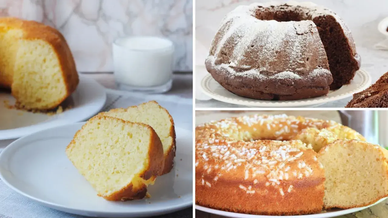 Tre ciambelloni soffici e alti: uno classico, uno al cioccolato e uno con zuccherini. Perfetti per la tua ricetta!