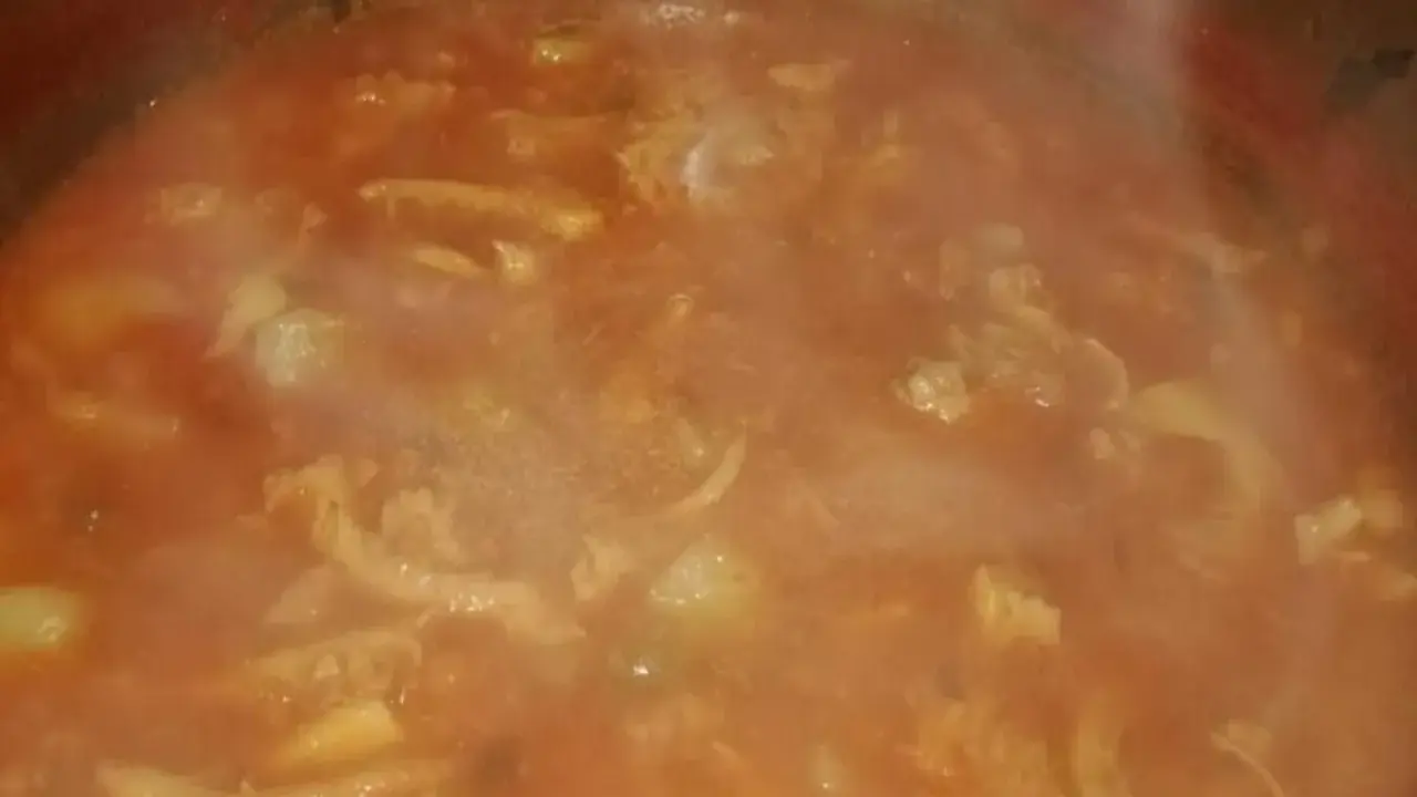 Un fumante piatto di trippa alla pisana, con pezzi di trippa e patate in un ricco sugo di pomodoro.