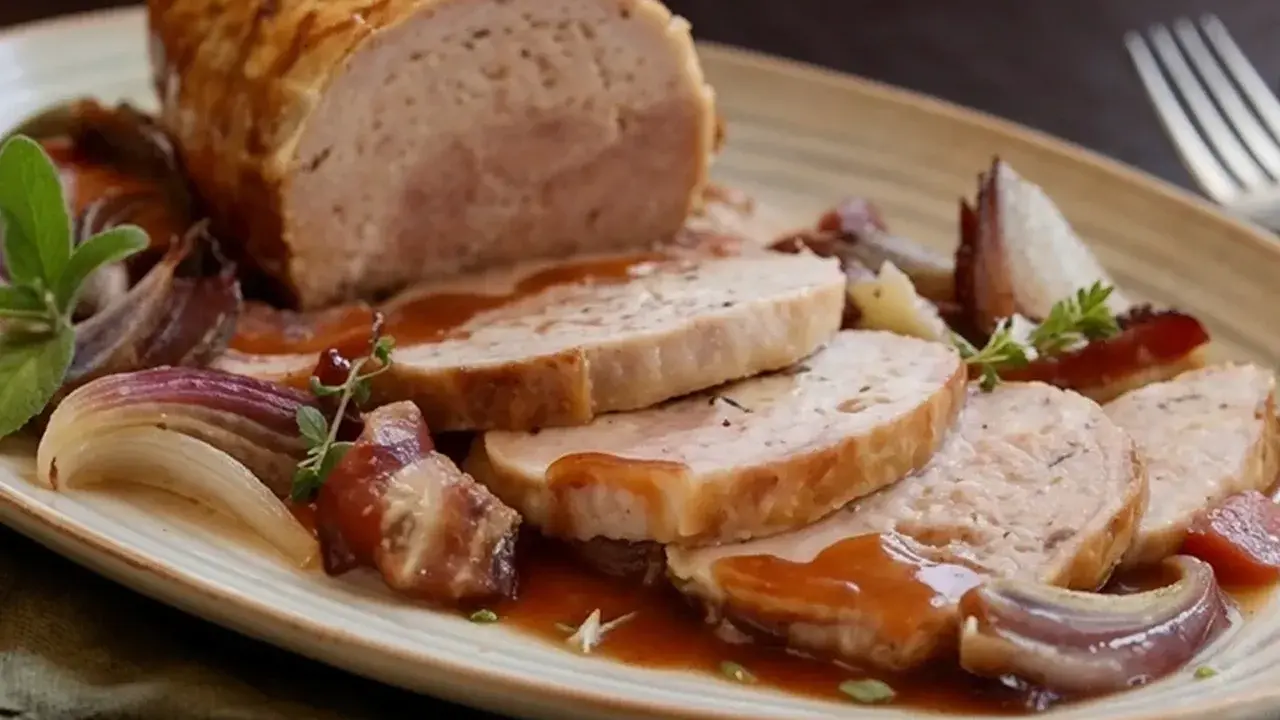 Un succulento arrosto di tacchino affettato, servito con cipolle rosse caramellate e salsa bruna su un piatto rustico.