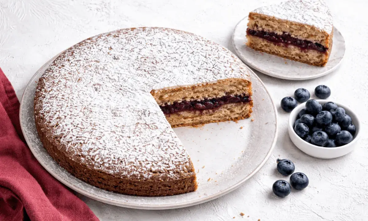 Torta senza glutine con marmellata di frutti di bosco, spolverata di zucchero a velo, accompagnata da mirtilli freschi.