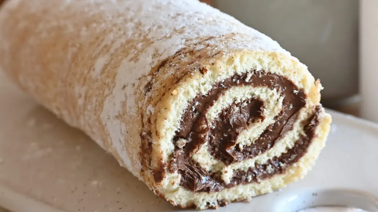 Un soffice rotolo alla Nutella, cosparso di zucchero a velo, pronto per essere gustato.