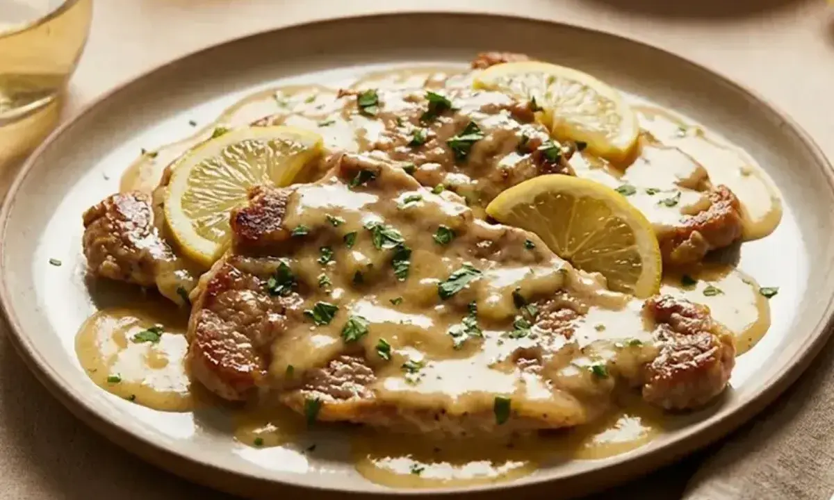 Scaloppine al limone succulente, guarnite con fette di limone fresco e prezzemolo tritato, servite su un piatto elegante.