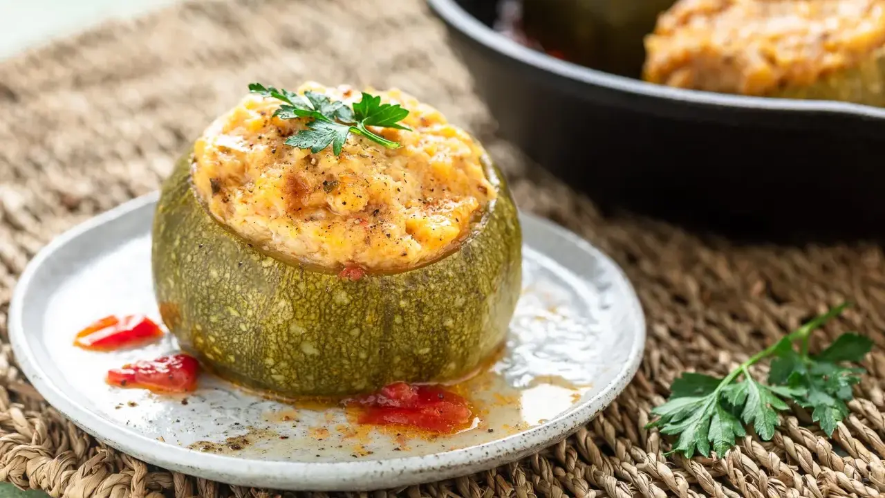 Zucchine ripiene in padella, un piatto gustoso e colorato, guarnito con prezzemolo fresco e servito su un piatto rustico.
