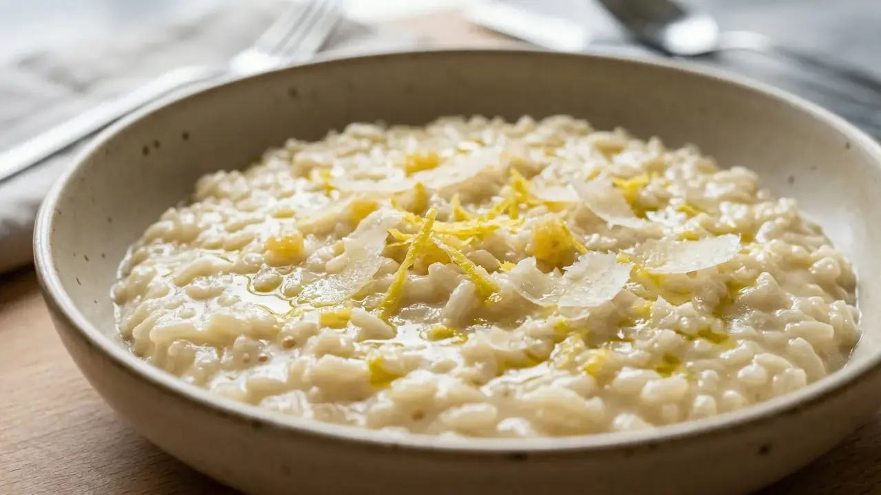 Un cremoso risotto al limone, guarnito con scorza di limone e scaglie di parmigiano, servito in una ciotola rustica.