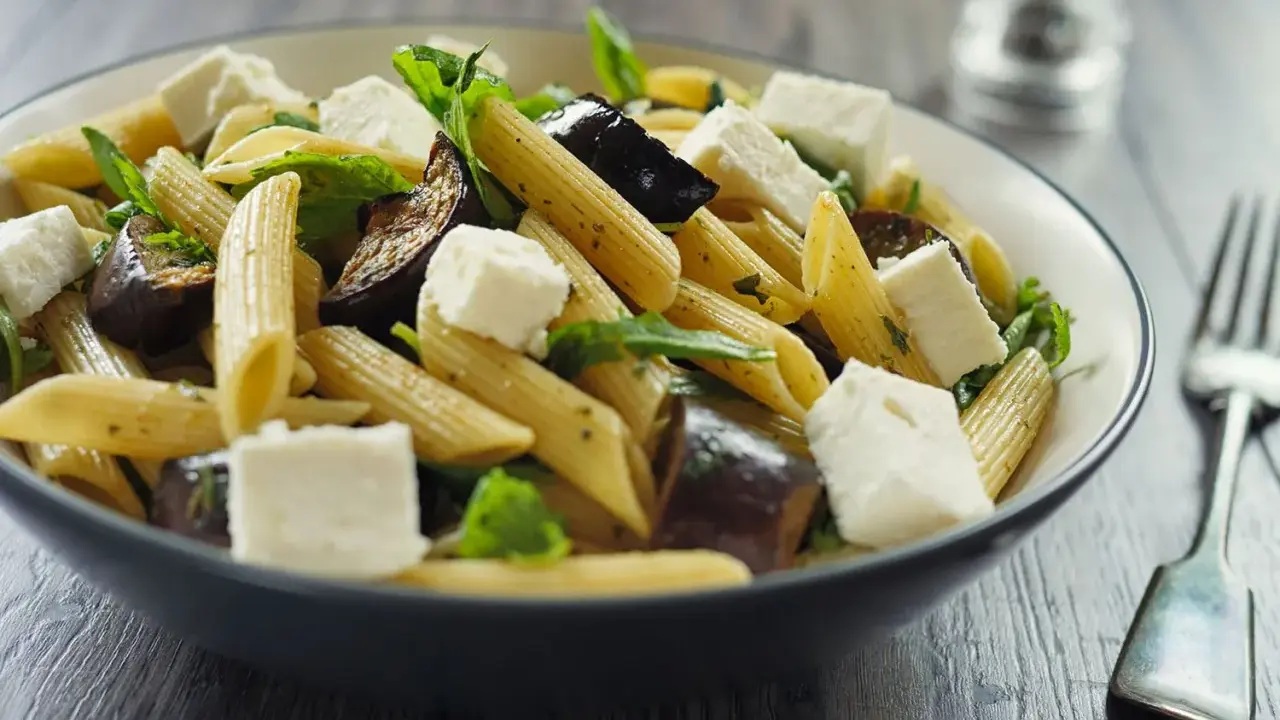 Piatto di pasta con melanzane in bianco, cubetti di formaggio fresco e foglie verdi, servito in una ciotola scura.