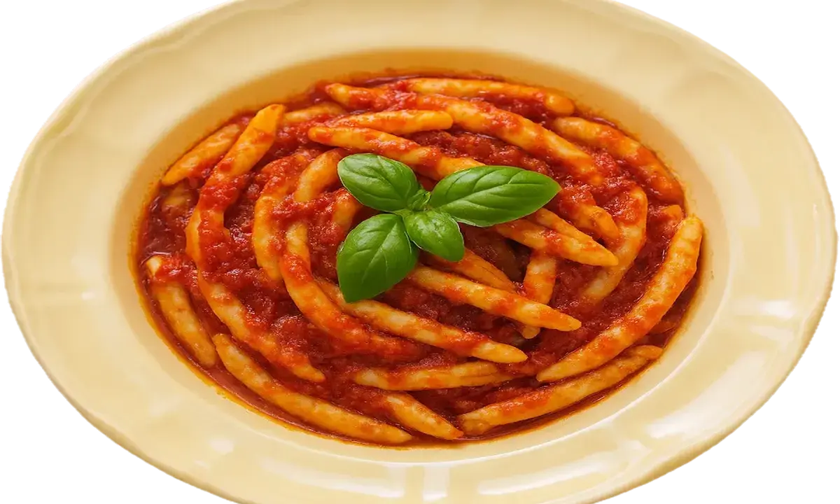 Pasta with tomato sauce and basil in a yellow bowl.