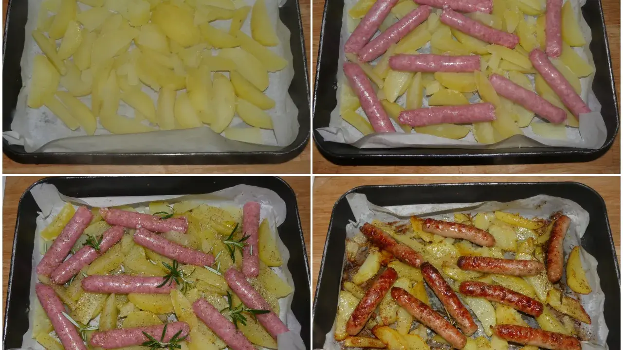 Salsiccia e patate al forno: patate tagliate e disposte in teglia, poi ricoperte da salsicce, rosmarino e spezie, infine cotte fino a doratura.