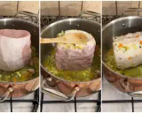 Triptych of pork loin being seared in a copper pot with vegetables and garlic.