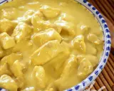 Un invitante pollo al curry con latte di cocco, cremoso e profumato, servito in una ciotola decorata.