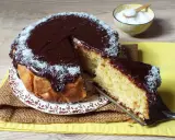 Deliziosa torta cocco e cioccolato, con una fetta appena tagliata e cosparsa di cocco grattugiato.