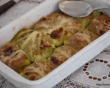 Involtini di verza con carne appena sfornati, dorati e spolverati di parmigiano, pronti per essere gustati.