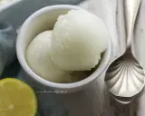 Due palline di sorbetto al limone senza albume in una ciotola bianca, con una fetta di limone e un cucchiaio decorato.