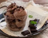 Coppa di gelato al cioccolato con scaglie di cioccolato fondente e foglioline di menta, su un vassoio arrugginito con un libro aperto.