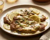Scaloppine al limone succulente, guarnite con fette di limone fresco e prezzemolo tritato, servite su un piatto elegante.