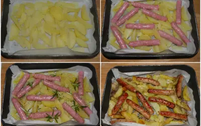 Salsiccia e patate al forno: patate tagliate e disposte in teglia, poi ricoperte da salsicce, rosmarino e spezie, infine cotte fino a doratura.