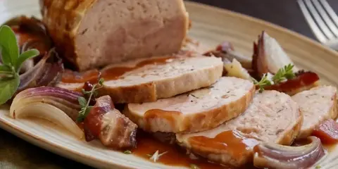 Un succulento arrosto di tacchino affettato, servito con cipolle rosse caramellate e salsa bruna su un piatto rustico.