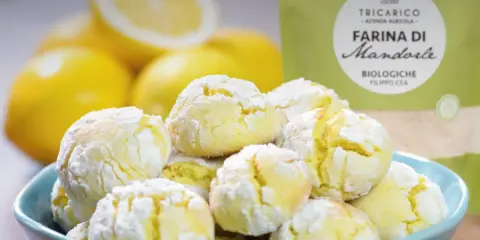 Biscotti con farina di mandorle, morbidi e profumati, pronti per essere gustati con limoni freschi.