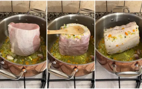 Triptych of pork loin being seared in a copper pot with vegetables and garlic.