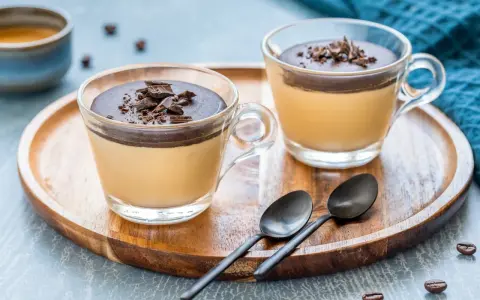 Delizioso semifreddo al caffè con copertura al cioccolato e scaglie croccanti, servito in coppette di vetro su un vassoio di legno.
