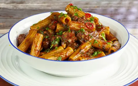 Rigatoni conditi con un ricco ragù di polpo, guarniti con prezzemolo fresco e peperoncino.