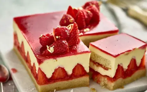 Una fetta di torta alle fragole, con strati di pan di spagna, crema e fragole fresche, guarnita con frutti rossi e foglia d'oro.