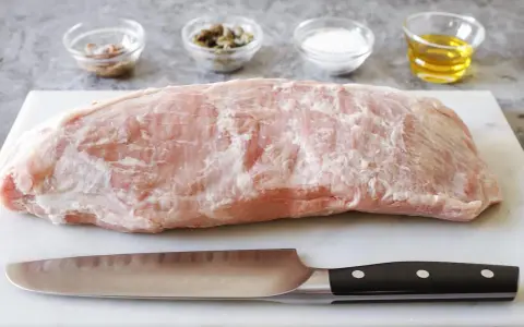 Un pezzo di girello di vitello crudo, pronto per essere cucinato, con coltello e ciotoline di condimenti sullo sfondo.
