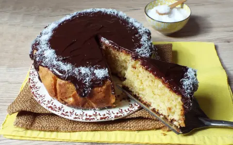 Deliziosa torta cocco e cioccolato, con una fetta appena tagliata e cosparsa di cocco grattugiato.