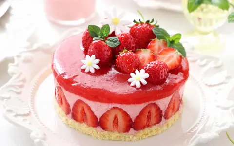 Deliziosa bavarese alle fragole, decorata con fragole fresche, menta e fiorellini bianchi, su una base croccante.