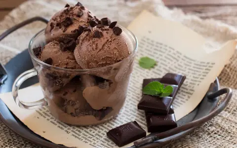 Coppa di gelato al cioccolato con scaglie di cioccolato fondente e foglioline di menta, su un vassoio arrugginito con un libro aperto.