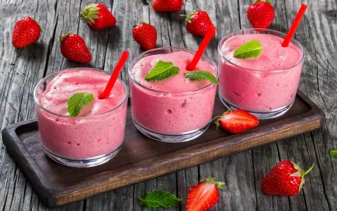 Tre bicchieri di spumone alle fragole bimby, guarniti con menta e fragole fresche, su un vassoio di legno.