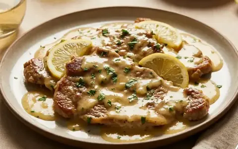 Scaloppine al limone succulente, guarnite con fette di limone fresco e prezzemolo tritato, servite su un piatto elegante.