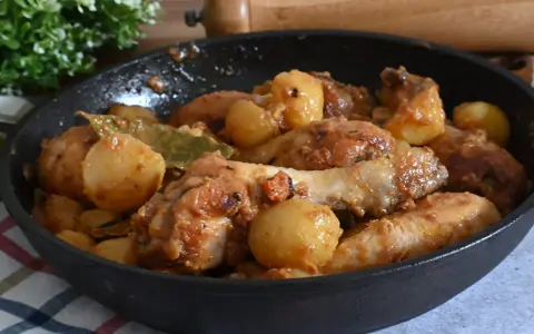 Un saporito pollo in umido con patate e alloro, cotto in padella.