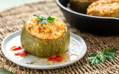 Zucchine ripiene in padella, un piatto gustoso e colorato, guarnito con prezzemolo fresco e servito su un piatto rustico.