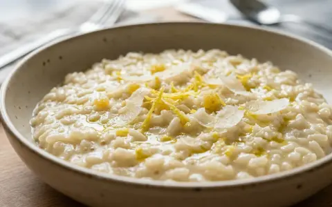 Un cremoso risotto al limone, guarnito con scorza di limone e scaglie di parmigiano, servito in una ciotola rustica.