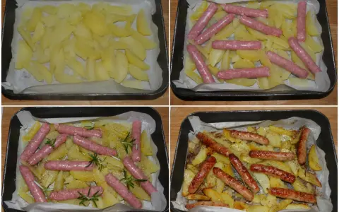 Salsiccia e patate al forno: patate tagliate e disposte in teglia, poi ricoperte da salsicce, rosmarino e spezie, infine cotte fino a doratura.