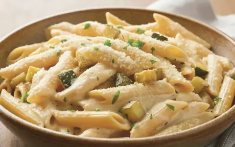 Penne cremose con zucchine e parmigiano, un piatto semplice e gustoso.