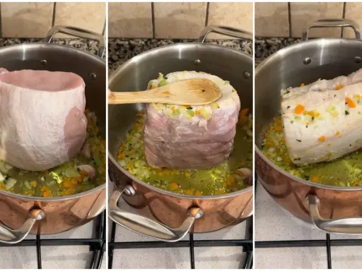 Triptych of pork loin being seared in a copper pot with vegetables and garlic.