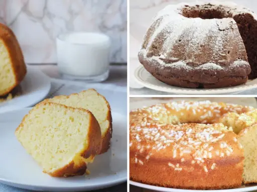 Tre ciambelloni soffici e alti: uno classico, uno al cioccolato e uno con zuccherini. Perfetti per la tua ricetta!