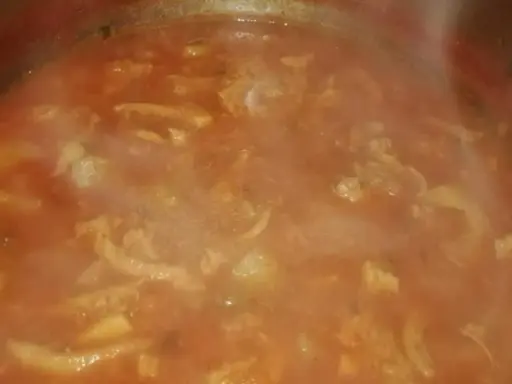 Un fumante piatto di trippa alla pisana, con pezzi di trippa e patate in un ricco sugo di pomodoro.