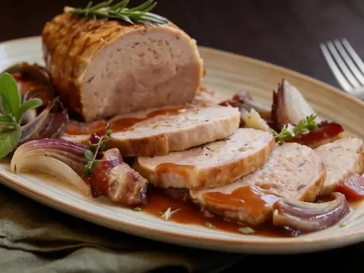 Un succulento arrosto di tacchino affettato, servito con cipolle rosse caramellate e salsa bruna su un piatto rustico.