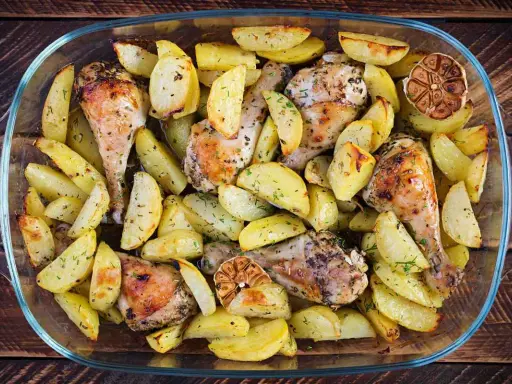 Delizioso pollo al forno con patate, erbe aromatiche e spicchi d'aglio arrostiti, servito in una teglia di vetro.