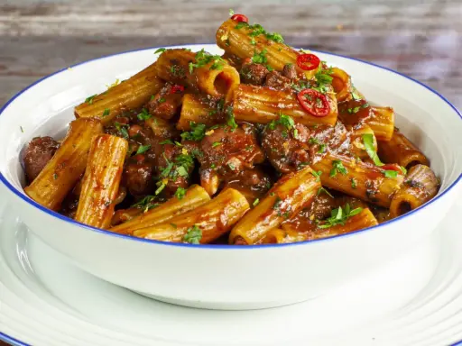 Rigatoni conditi con un ricco ragù di polpo, guarniti con prezzemolo fresco e peperoncino.