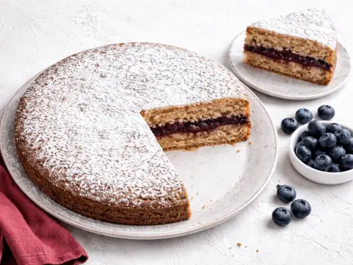 Torta senza glutine con marmellata di frutti di bosco, spolverata di zucchero a velo, accompagnata da mirtilli freschi.