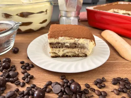 Una fetta di tiramisù con uova pastorizzate, cosparso di cacao, su un piatto bianco, circondato da chicchi di caffè e cioccolatini.