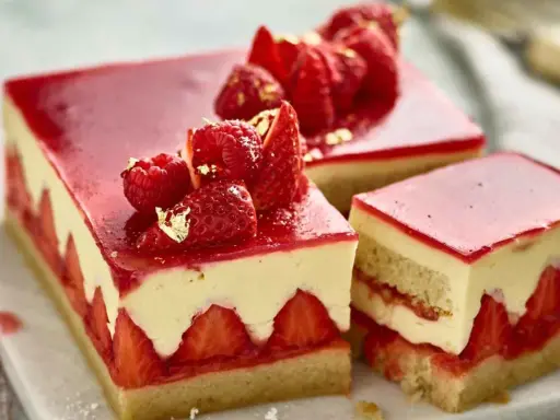 Una fetta di torta alle fragole, con strati di pan di spagna, crema e fragole fresche, guarnita con frutti rossi e foglia d'oro.