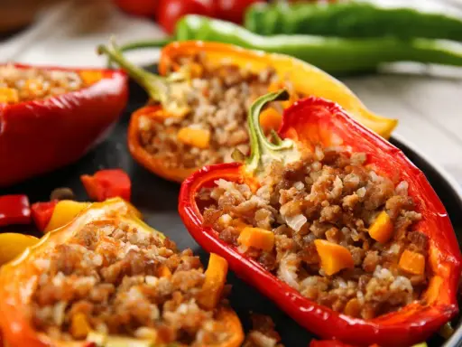 Peperoni ripieni senza carne, un piatto colorato e saporito, con un ripieno di riso e verdure.