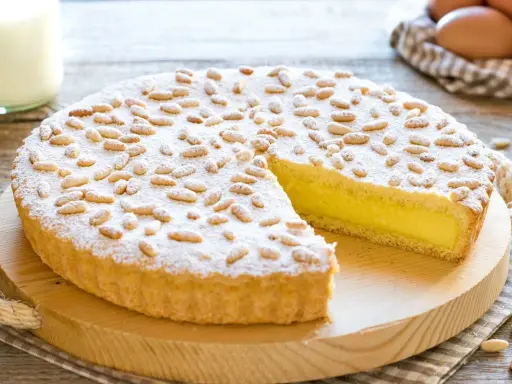 Una deliziosa torta della nonna, con crema gialla, ricoperta di pinoli e zucchero a velo, pronta per essere gustata.