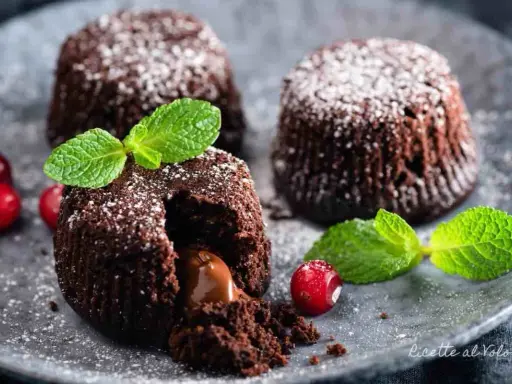 Tre tortini al cioccolato con cuore fondente, guarniti con menta e frutti rossi, spolverati di zucchero a velo.